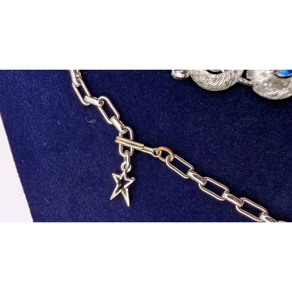 Vintage Silver Tone Blue Rhinestone Choker Necklace and Clip On Earrings Set